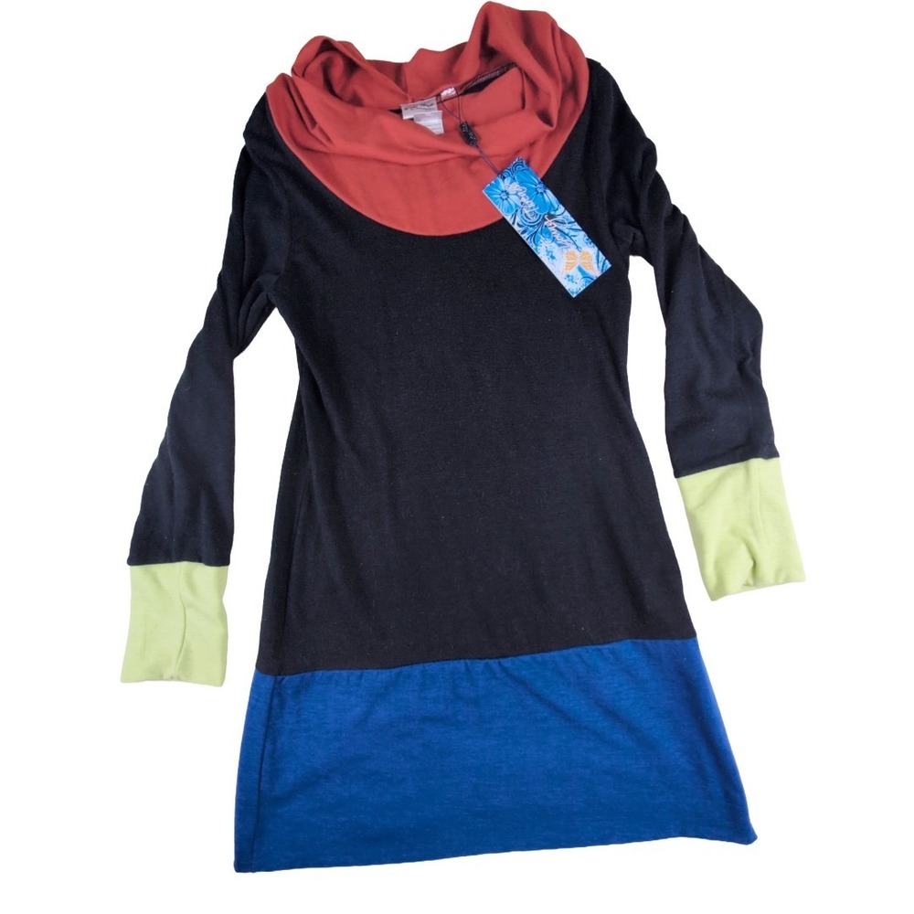 Young Threads Womens Colorblock Cowl Neck Knit Sweater Dress Black Red Blue L